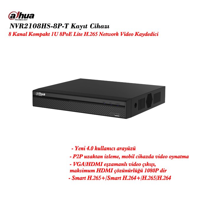 Dahua NVR2108HS-8P-T 8 Kanal Kompakt 1U 8PoE Lite H.265 Ip Kamera Kayıt Cihazı